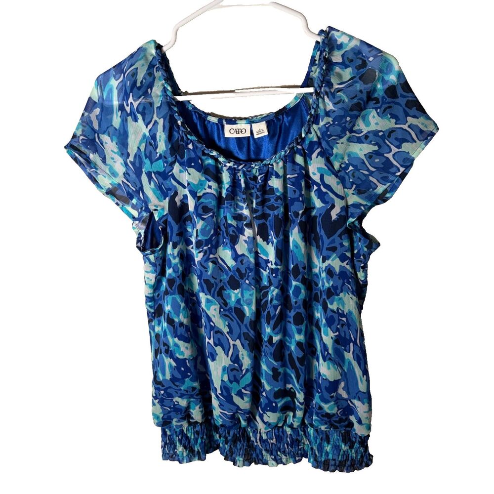 Cato Blouse Women's Large Round Neck Blue Ruffle Short Sleeve Shirt Top